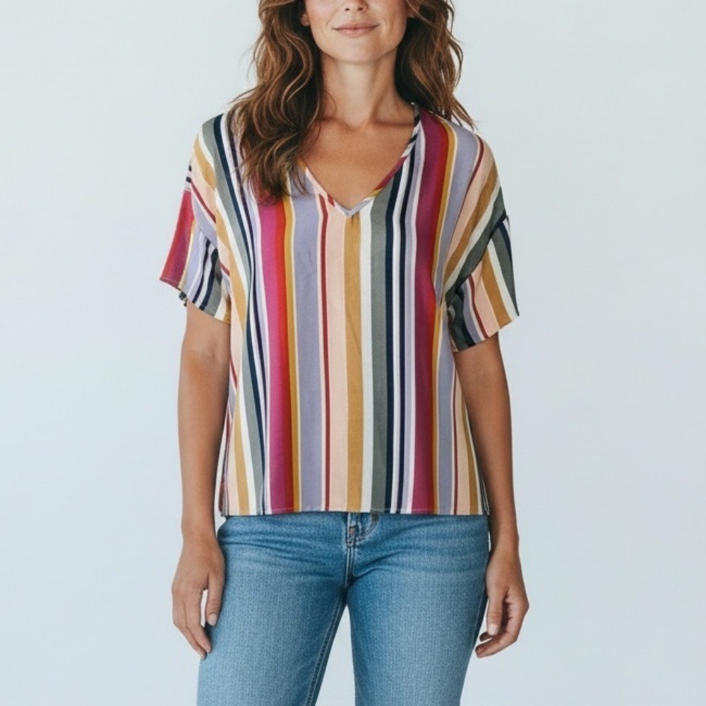 Allison Joy Striped V-Neck Blouse Women Small Multicolor